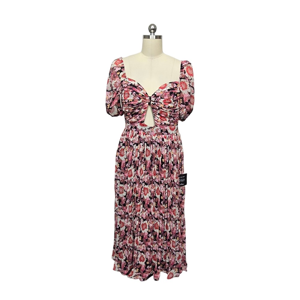 Lulus Floral Sweetheart Keyhole Puff Sleeve Pleated Midi Dress XL Pink Black